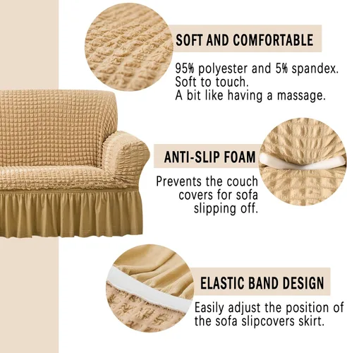 Miniatura 3 de Jeloris Funda Protectora Elástica para Sofá de Dos Plazas de Fácil Ajuste con Falda, Protector de Muebles Universal Duradero Lavable de Alta Beige