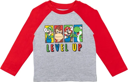 Miniatura 4 de Super Mario Paquete de 2 camisetas gráficas de manga larga para niños pequeños, rojoazulgris