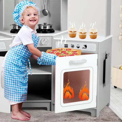 Miniatura 4 de JOYLDIAS Cocina de juego para niños, juego de juguetes de cocina de esquina de madera para niños pequeños, luces y sonidos realistas, horno Blanco