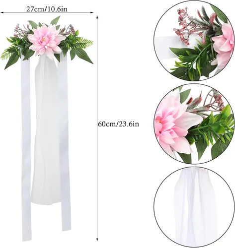 Miniatura 7 de Juego de 6 decoraciones para sillas de pasillo de boda, flores artificiales con cintas, sillas, respaldo de banco, arreglo floral para decoración