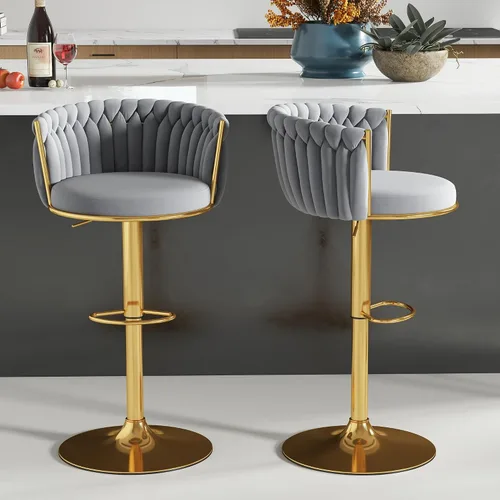 Miniatura 14 de ABET Taburete de Bar Dorado 1UN, Taburetes Giratorios de Terciopelo, Taburetes de Altura Ajustable con Respaldo Tejido, Taburetes de Cocina Modernos