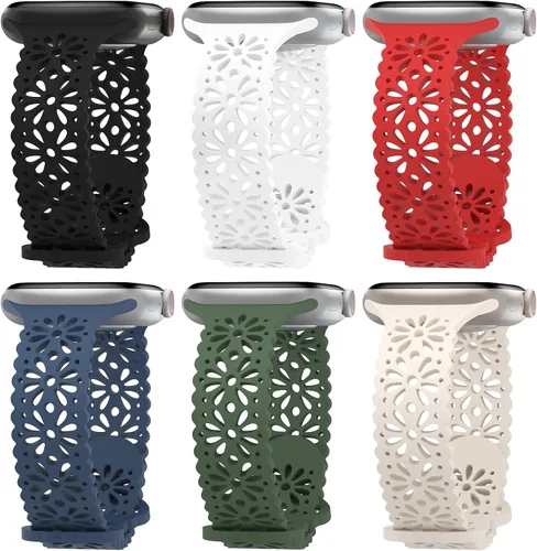 Miniatura 9 de Paquete de 6 correas de silicona delgadas y huecas de encaje compatibles con Apple Watch de 1.496 pulgadas, 1.575 pulgadas, 1.614 pulgadas, 1.654