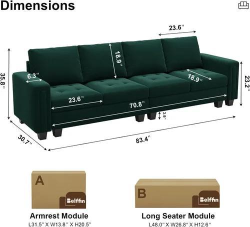 Miniatura 2 de Belffin Sofá modular de terciopelo de 4 asientos, sofá seccional de 4 asientos para sala de estar, verde