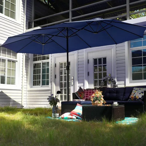 Sombrilla PHI VILLA para terraza, extra grande, de doble sombrilla, de 450cm (base incluida), sombrilla doble para exterior, Marino Azul marino