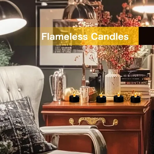 Miniatura 6 de LANKER Paquete de 24 velas de té negras – Luces LED sin llama amarillas cálidas parpadeantes – Velas falsas de larga duración a pilas – Decoración