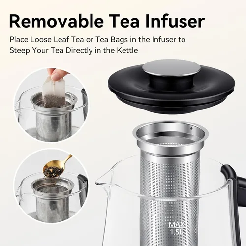 Miniatura 5 de Hervidor eléctrico con infusor, hervidor de agua caliente, hervidor de té eléctrico con control preciso de temperatura, protección contra hervir