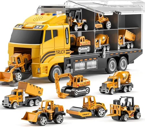 TEMI Juguetes para Niños Pequeños de 3 4 5 6 Años Niños, Set de Juguetes de Construcción de Vehículos Fundidos a Presión con Transportador de Autos