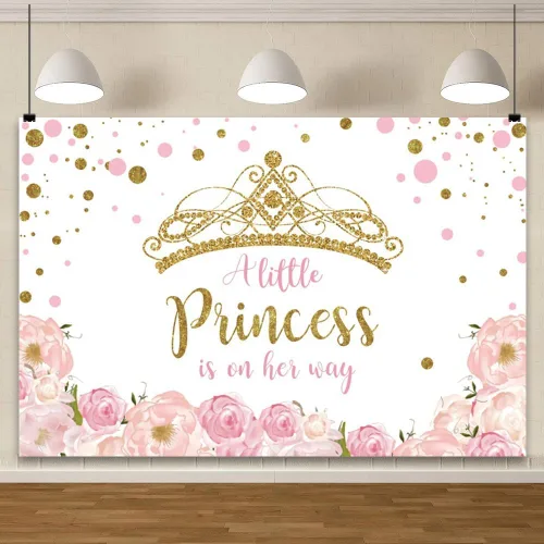 Miniatura 2 de YongFoto Telón de fondo para baby shower con corona dorada de 7 x 5 pies para fotografía floral rosa con texto en inglés "A Little Princess is On