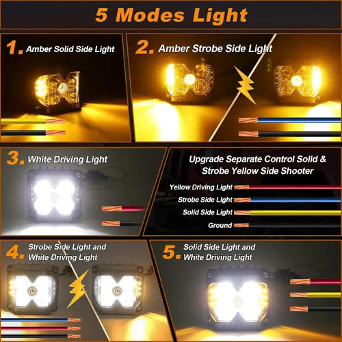Miniatura 2 de MOVOTOR Side Shooter LED Pods Amber Luces de conducción estroboscópicas para camión, 4 x 4, ATV IP68 Waterproof,Solid & Strobe Amber,6500K White