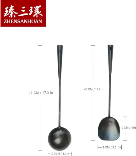 Miniatura 2 de ZhenSanHuan juego de utensilios de wok de hierro hechos a mano tradicionales chinos, espátula y cucharón de wok largo (juego de cucharón y espátula)