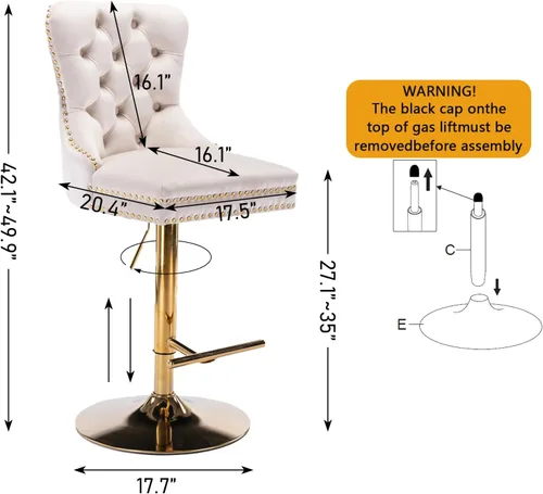 Miniatura 2 de Taburete de bar giratorio con respaldo copetudo, taburetes de bar ajustables en altura de mostrador, ribete de cabeza de clavo, silla de bar Beige +