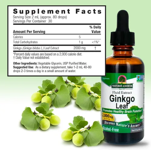 Miniatura 3 de Nature's Answer Extracto de hoja de ginkgo sin alcohol, 2000 mg de 2 onzas, estimula la memoria, el estado de ánimo y la concentración, sin gluten