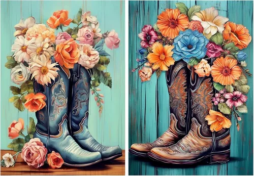 YOYA Paquete de 2 Kits de Pintura de Diamantes 5D para Adultos - Botas de Vaquero Kits de Arte de Diamantes Flores Bricolaje Taladro Completo Puntos