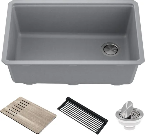Miniatura 16 de KRAUS Bellucci Fregadero de cocina de granito con estación de trabajo empotrado de 30 pulgadas en negro metálico con accesorios, KGUW2-30MBL