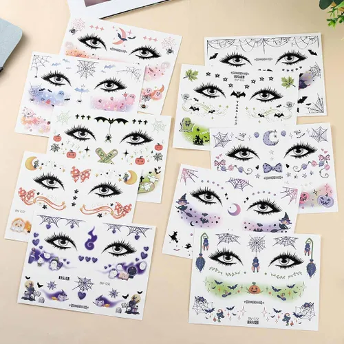 Miniatura 7 de Uranian Tatuajes temporales de Halloween, tatuajes de maquillaje de pecas, telaraña, murciélago, fantasma, calcomanías de maquillaje de cara