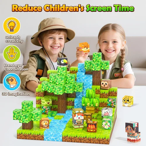 Miniatura 3 de 150 Bloques Magnéticos – Juego de Construcción de Minas Magnéticas, Juego de Construcciones STEM, Aventura en la Selva, Cubos Apilables Sensoriales