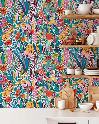 Miniatura 2 de Papel tapiz floral escandinavo, papel tapiz botánico autoadhesivo extraíble, papel tapiz colorido para despegar y pegar