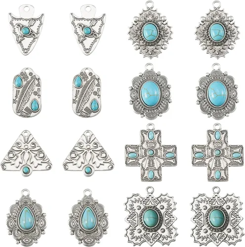 Miniatura 10 de Colgantes de estilo tibetano, dijes de piedra turquesa sintética para collar, pulsera, joyería, fabricación de artesanías, Gema, No es una piedra