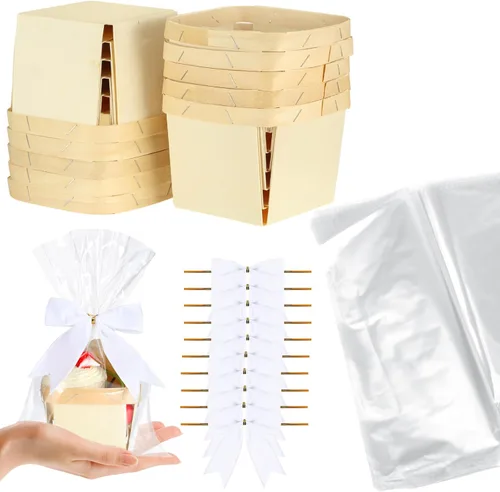 Miniatura 8 de Yerliker Juego de 10 mini cestas de madera para regalos, canastas pequeñas vacías de 4 pulgadas, lazos de bayas, bolsas transparentes para dulces