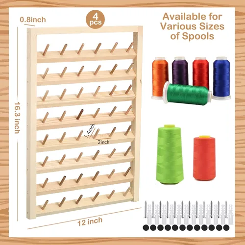 Miniatura 2 de Yahenda Paquete de 4 soportes de hilo de madera para 48 carretes de hilo montado en la pared con ganchos para colgar, organizador para mini costura