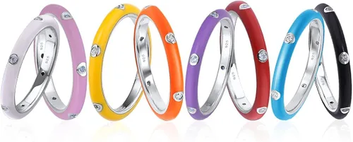 Miniatura 5 de Santuzza Anillo apilable esmaltado de plata de ley 925 con circonita cúbica, arco iris, eternidad, anillos apilables para mujer