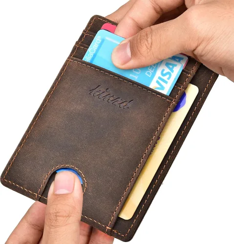 Miniatura 5 de kinzd Cartera delgada minimalista con bolsillo frontal RFID para tarjetas de crédito para hombres y mujeres, Marrón