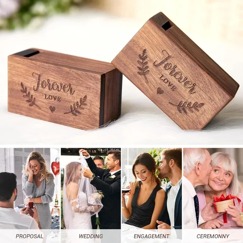 Miniatura 6 de AW BRIDAL Caja portadora de anillos, caja para anillos de boda, caja de anillos de compromiso de madera de nogal, organizador de joyas, caja