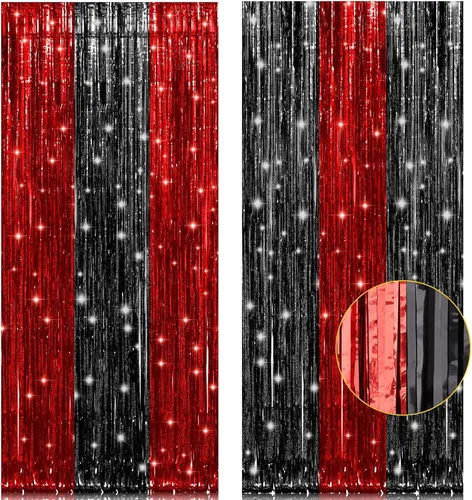 Miniatura 20 de Paquete de 2 cortinas de flecos de lámina de oropel negras de 3.2 pies x 8.2 pies, cortinas de oropel metálicas para telón de fondo de cabina