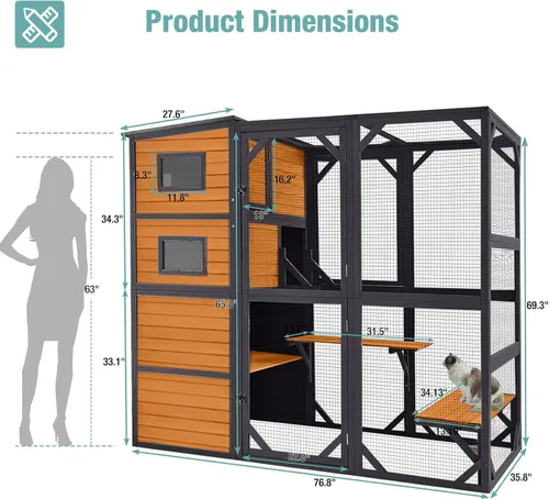 Miniatura 7 de Big Catio - Casa para gatos al aire libre, refugio de madera para gatos de 4 niveles con gran espacio interior (marrón, extragrande)