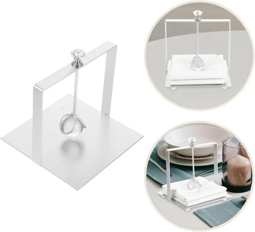 Miniatura 7 de Amosfun Farmhouse Flat Napkin Holder with Weighted Arm, Metal Paper Towel Stand for Kitchen and Dining Tabletop, Silver Square Tissue Organizer for