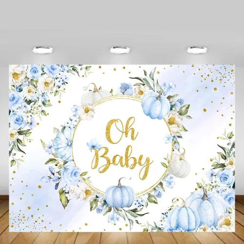 Miniatura 5 de MEHOFOND Fondo de otoño de 7 x 5 pies con diseño de calabaza Oh Baby en colores pastel, acuarela, azul, floral, recién nacido, baby shower