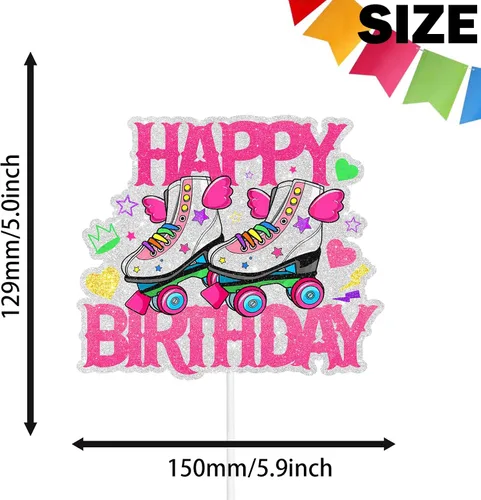 Miniatura 2 de Skate Happy Birthday Cake Topper Wing Roller Skate - Juego temático de cumpleaños para decoración de pasteles para niños o niñas, decoración retro