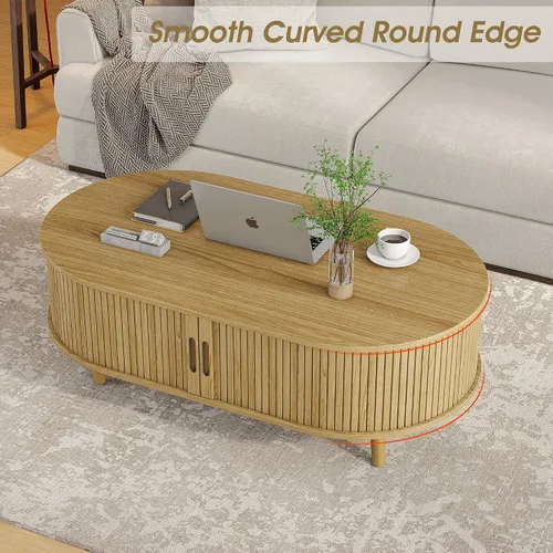 Miniatura 3 de Alohappy Mesa auxiliar ovalada de 42.5 pulgadas de ancho, mesa de centro moderna de mediados de siglo con puerta corrediza de tambor, mesa central