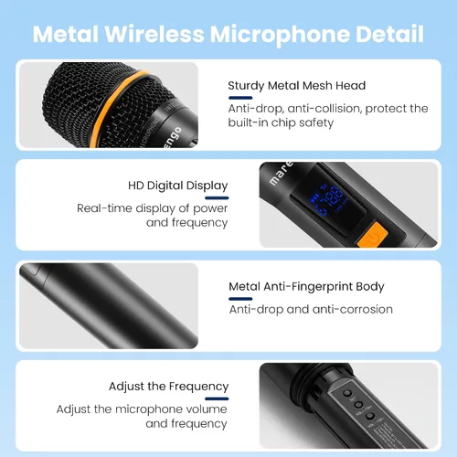 Miniatura 7 de Micrófonos inalámbricos, micrófono profesional UHF de metal dual para karaoke inalámbrico con receptor recargable (260 pies), conectar y usar