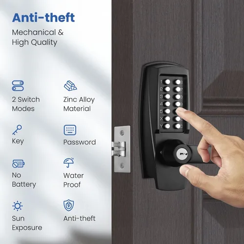 Miniatura 2 de Cerradura de Puerta de Entrada Sin Llave con Manija - Sin Baterías Cerradura de Puerta Comercial con Teclado - Fácil de Instalar y Usar - Resistente