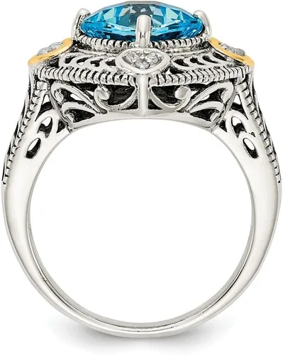 Miniatura 2 de Solid 925 Sterling Silver with 14k Diamond & Blue Simulated Topaz Ring (4mm)