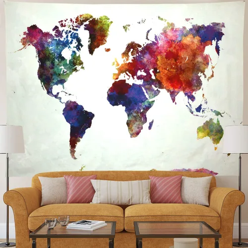 Miniatura 3 de Ameyahud Tapiz de mapamundi de acuarela, tapiz educativo de geografía, pintura colorida, tapiz del mundo nacional, decoración para colgar