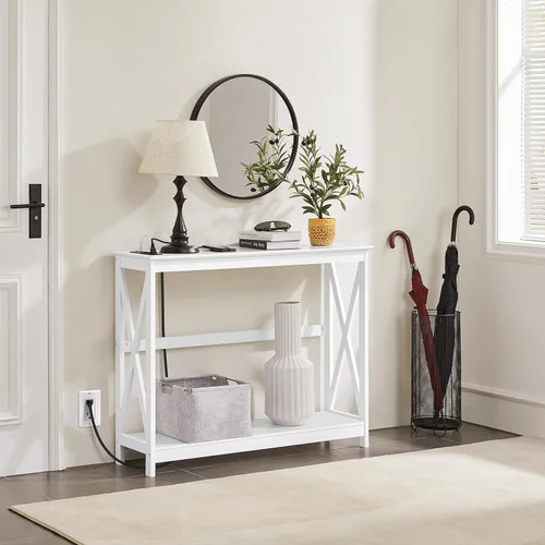 Miniatura 2 de Yaheetech Mesa Consola de 40" con 2 Tomacorrientes y 2 Puertos USB, Mesa de Entrada de Madera con Diseño en Forma de X, Mesa Angosta para Sofá