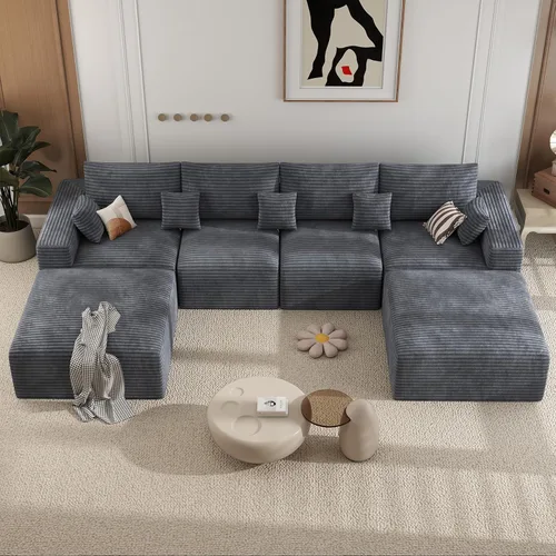 Miniatura 13 de Sofá cama seccional modular de 113", sofás de nube convertibles para sala de estar con otomana, juego de sofá cama de pana sin estructura de 6 Gris