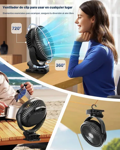 Miniatura 7 de FRIZCOL Ventilador portátil de 12000 mAh con clip de 8 pulgadas, recargable, funciona con pilas, ventiladores de campamento con luces y control