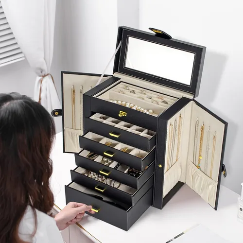 Miniatura 8 de AKOZLIN Gran joyero organizador funcional con cerradura, estuche grande de almacenamiento de joyas de cuero para mujeres y niñas, anillo collar