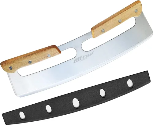 Miniatura 8 de ALLTOP Cortador de Pizza Basculante, Cuchillo de Hoja de Acero Inoxidable con Doble Mango de Madera y Cubierta de Plástico, Rebanadora/Picadora