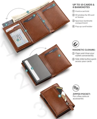 Miniatura 2 de VULKIT Cartera con bolsillo para monedas, cierre magnético, con ventana de identificación, billetera de cuero para efectivo y tarjetas de crédito