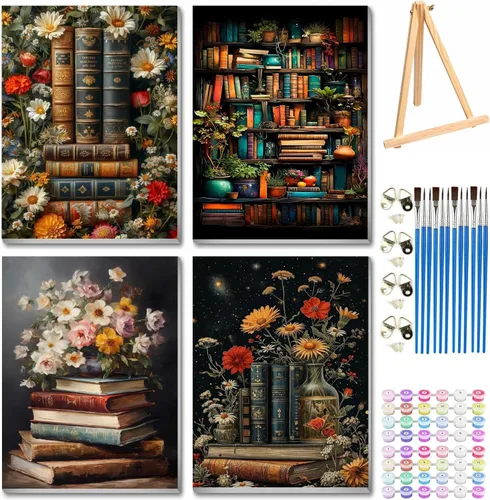 Miniatura 17 de VIGEGU Paquete de 4 pinturas por números para adultos, lienzo enmarcado, con caballete de madera, pintura por números para niños de 8 a 12 años