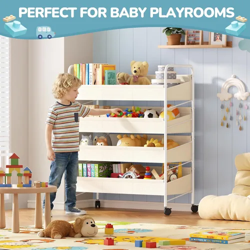 Miniatura 5 de Organizador de almacenamiento de juguetes para niños con 4 estantes y ruedas, estante de almacenamiento de juguetes de gran tamaño blanco para niños