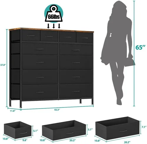 Miniatura 3 de VASICAR Cómoda grande para dormitorio con 12 cajones profundos, cómoda de tela alta, cómoda para armario, guardería, sala de estar, lavandería, Negro
