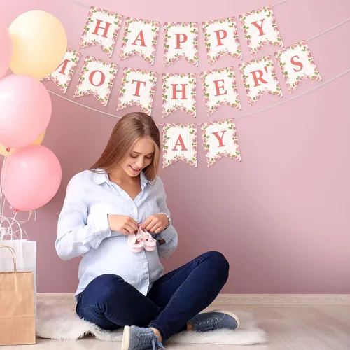 Miniatura 5 de Whaline Juego de 3 pancartas para el Día de la Madre, con texto en inglés «Happy Mother's Day» con cola de pez, guirnalda floral rosa premontada