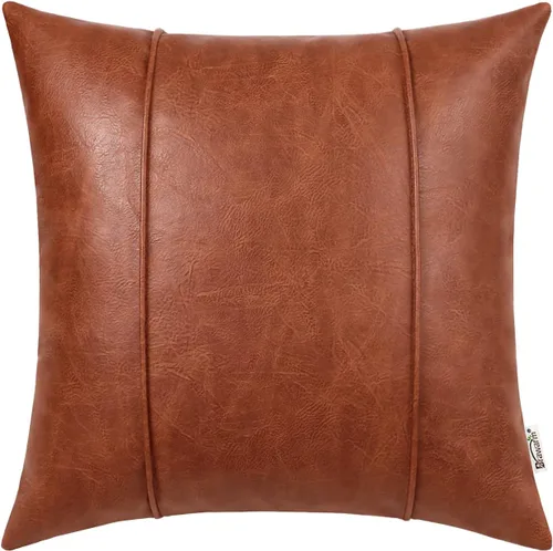 Miniatura 20 de BRAWARM Fundas de Almohada Decorativa de Cuero Café de 22 x 22 Pulgadas - Funda de Almohada de Piel Sintética con Ribetes, Almohada Decorativa