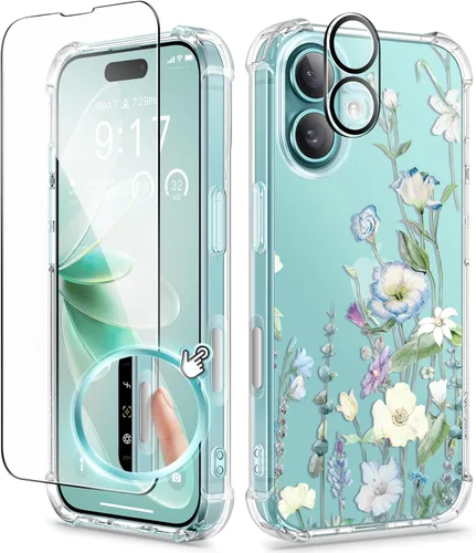 Miniatura 29 de GVIEWIN - Funda floral para iPhone 14 de 6.1 pulgadas, protector de pantalla + protector de lente de cámara, no se amarillenta, a prueba de golpes