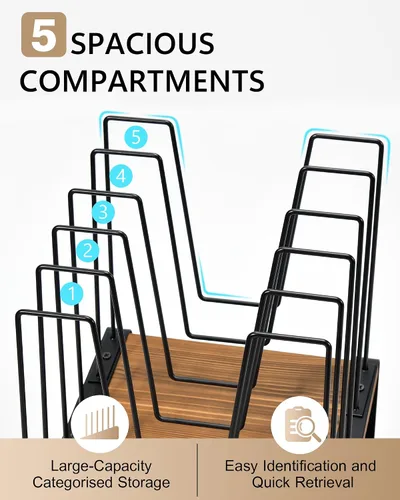 Miniatura 4 de HULISEN Organizador de archivos de escritorio inclinado, soporte vertical para carpetas de archivos de 5 secciones, estante clasificador de archivos